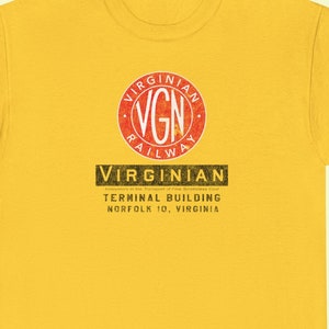 Straight-on image of a simple Gold Virginian Railway t-shirt, perfect for train enthusiasts