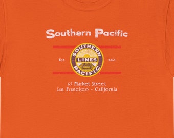 Southern Pacific Railway T-Shirt | Vintage SP 'Sunburst' Train Tee, Retro Logo Railroad T-Shirt & Railfan Gift | Orange/Blue | Standard Fit