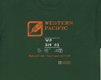 Western Pacific Railroad T-Shirt | WP Boxcar Retro Logo Train Lover's Shirt & Unique Vintage Railroad Memorabilia | Green | Standard Fit
