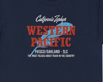 Western Pacific Railroad T-Shirt | WP California Zephyr Train Lover Gift with Retro Logo | Railroad Memorabilia | Navy | Standard Fit