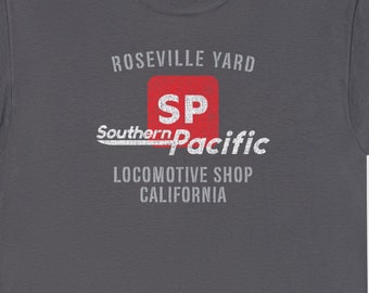 Southern Pacific Railway T-Shirt | Vintage SP Roseville Yard Railroad T-Shirt for Railroad Enthusiasts and Railfans| Charcoal | Standard Fit