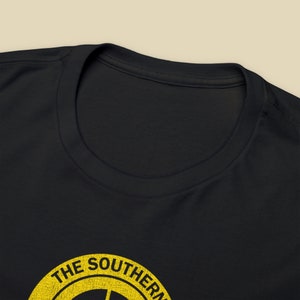 Closeup of black Southern Railway t-shirt collar, unique railroad tshirt design.