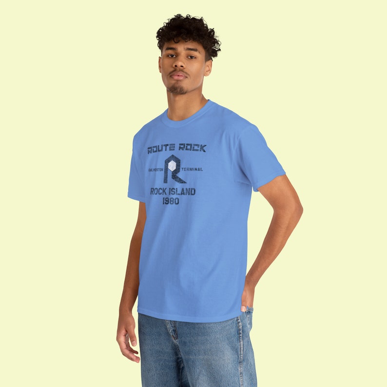 Cool young man wearing a Blue Chicago, Rock Island & Pacific Railroad train shirt