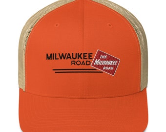 Milwaukee Road Train Hat - Embroidered Railway Memorabilia - Train Lover Vintage Railroad Trucker Cap - MILW - Orange | OSFM