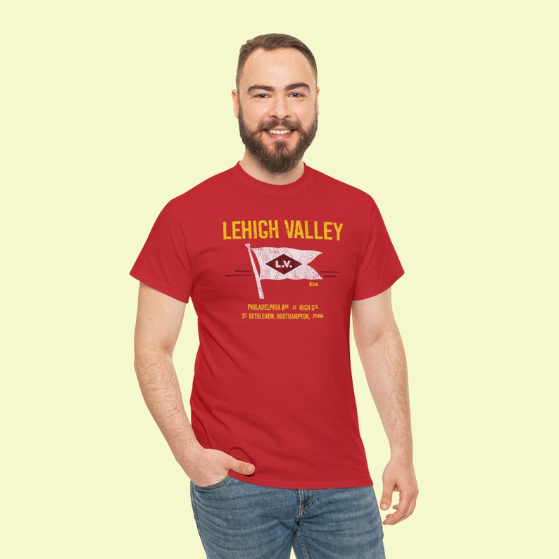 Cool man in his 20's wearing Red Lehigh Railroad t-shirt, looking at you