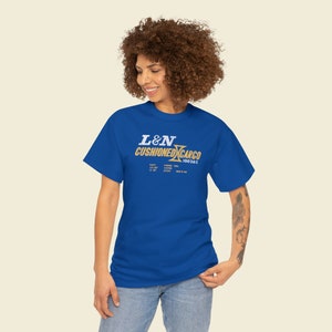 Happy young woman wearing Royal Blue Louisville and Nashville Railroad T-Shirt