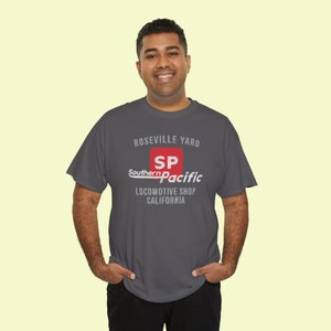 Charcoal Southern Pacific Railway train shirt on man in his early 30's. Vintage railroader look