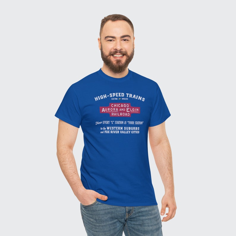 Man in his 20s proudly wears the vintage CAE railroad shirt, a great train gift for men