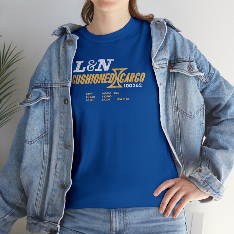 Woman wearing Royal Blue Louisville and Nashville Railroad T-Shirt with denim jacket