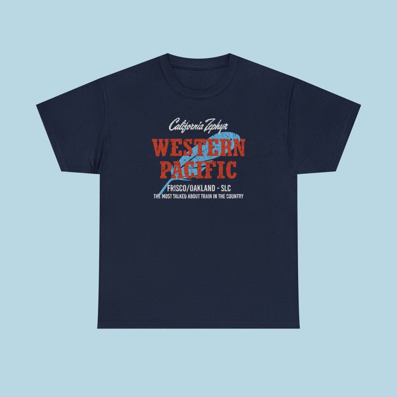 Navy Western Pacific Railroad t-shirt with simple design, perfect for train enthusiasts