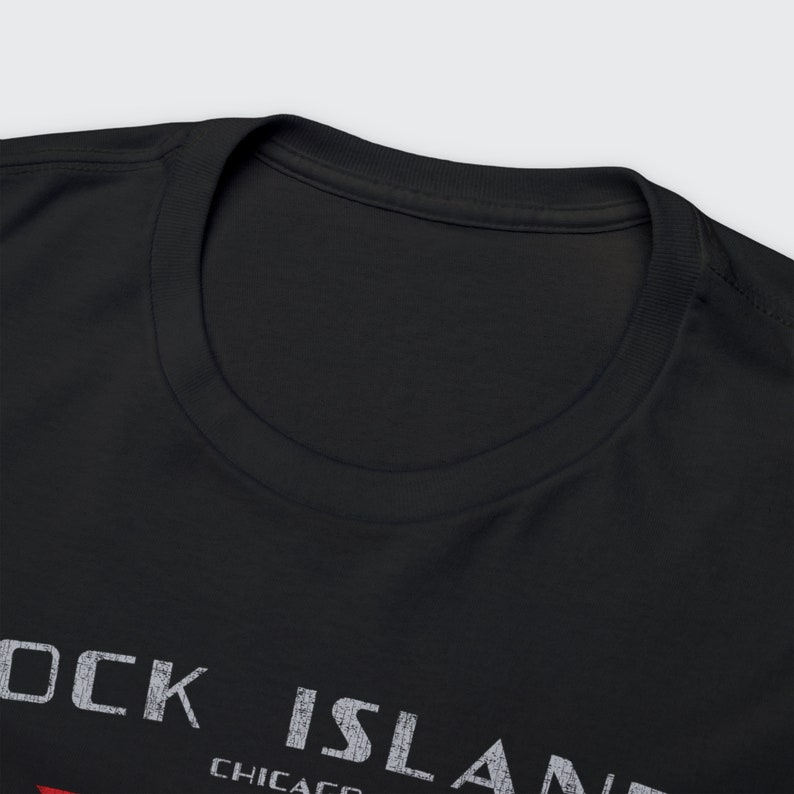 Closeup of front collar on Black Chicago, Rock Island & Pacific Railroad train t-shirt