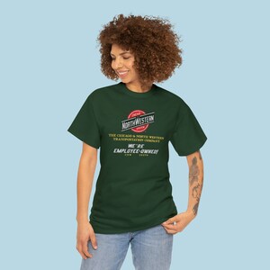 Happy woman wearing the CNW train shirt, a perfect train lover gift with a retro logo