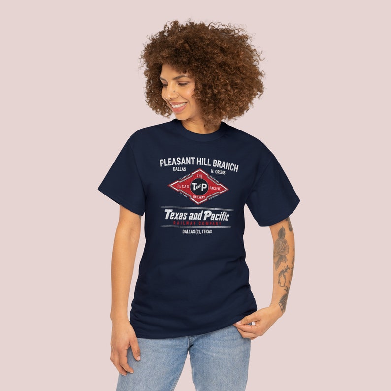 Happy young woman in Blue Texas and Pacific Railway train t-shirt. Perfect train lover gift