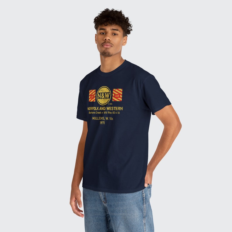 Cool young man wearing Navy Norfolk and Western Railway t-shirt. Perfect train gift