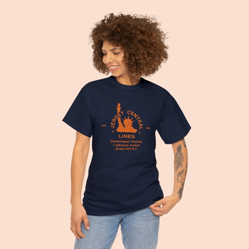 Happy woman in a Standard fit CNJ train t shirt, showcasing her love for vintage railroad