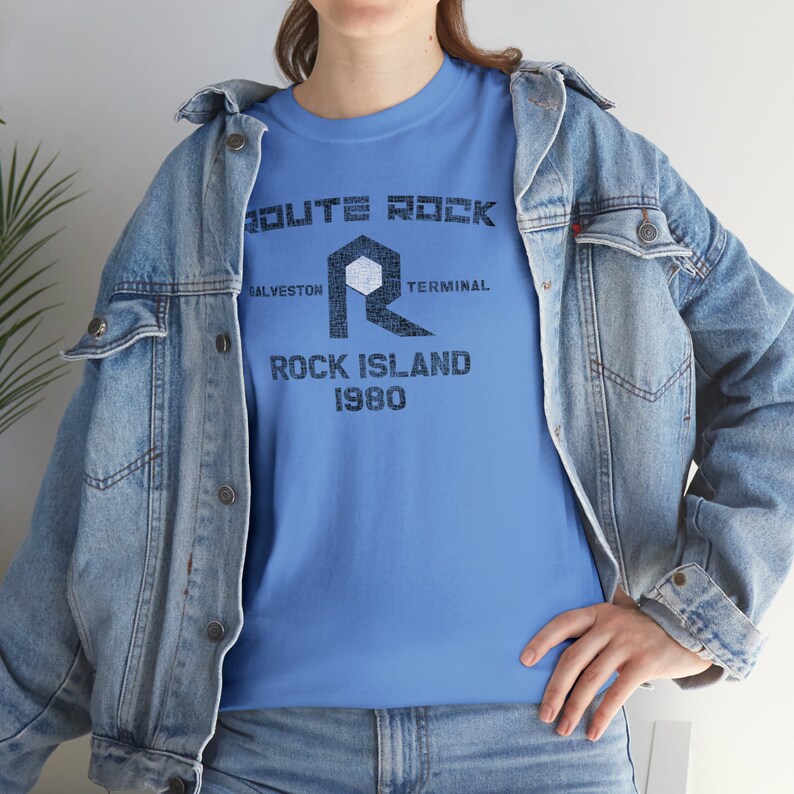 Woman wearing Blue Chicago, Rock Island & Pacific Railroad t-shirt with denim jacket
