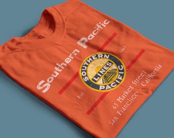 Southern Pacific Railway T-Shirt | Vintage SP 'Sunburst' Train Tee, Retro Logo Railroad T-Shirt & Railfan Gift | Orange/Blue | Standard Fit