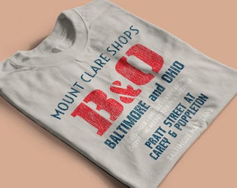 Baltimore and Ohio Railroad T-Shirt | Mount Clare Shops BO train tee shirt for train lovers & enthusiasts | Standard Fit | Light Beige-Gray