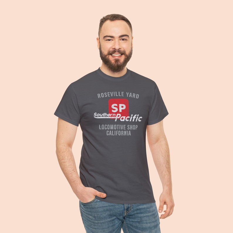 Charcoal Southern Pacific Railway train shirt on man in his 20's. Great train collector gift