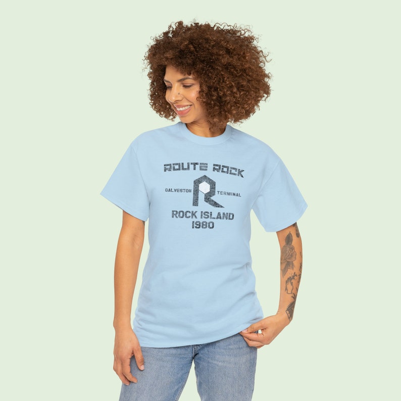 Happy woman wearing a Blue Chicago, Rock Island & Pacific Railroad train shirt