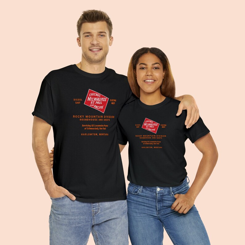 Happy couple wearing Black Milwaukee Road t-shirts, perfect train lover gifts for both