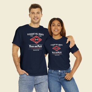 happy couple wearing Blue Texas and Pacific Railway train t-shirts. Perfect train lover gift