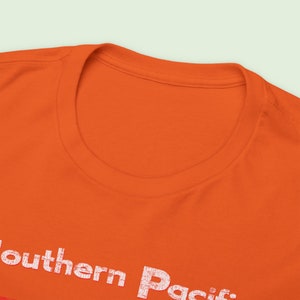 Closeup of front collar neck ring on Orange/Blue Southern Pacific Railway train t-shirt