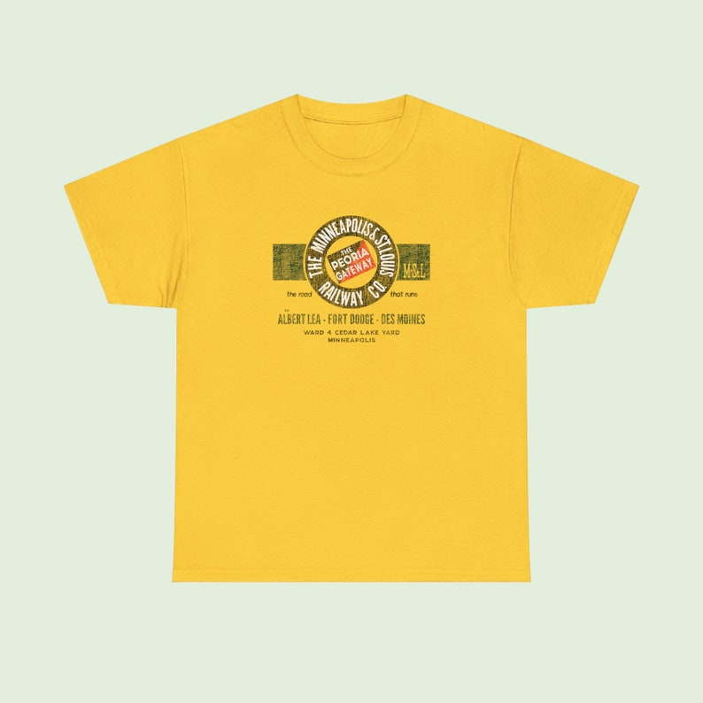 Straight-on image of a train t-shirt featuring Gold Minneapolis & St. Louis Railway logo