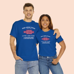 Happy couple models matching Chicago Aurora and Elgin Railroad train shirts, perfect for train enthusiasts