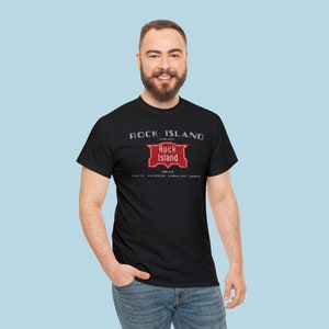 Confident man in his 20's wearing Black Chicago, Rock Island & Pacific Railroad train t-shirt