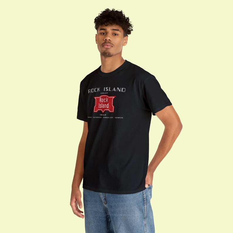 Cool young man in Black Chicago, Rock Island & Pacific Railroad train t-shirt