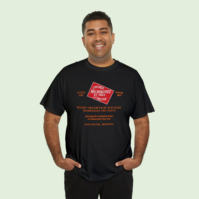 Happy man in his early 30's wearing Black Milwaukee Road t-shirt, great train enthusiast gift