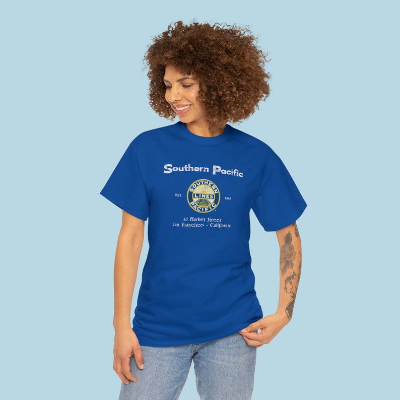 Young woman in her 20's wearing Blue Southern Pacific Railway train t-shirt