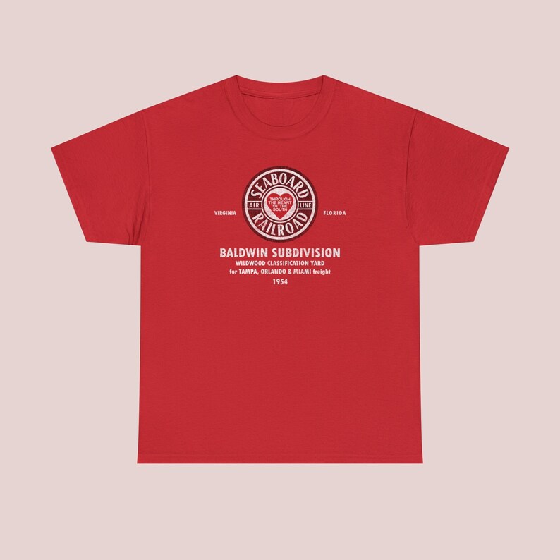 Straight-on product image of Red Seaboard Air Line Railroad t-shirt. Perfect train lover gift