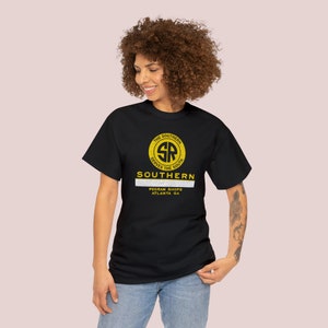 appy young woman in black Southern Railway shirt, ideal train enthusiast gift