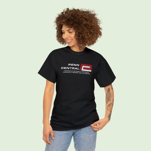 Happy young woman wearing black/red 'P' Penn Central Railroad t-shirt