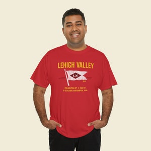 Happy man in his early 30's wearing Red Lehigh Railroad t-shirt