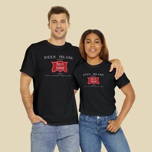 Happy couple wearing Black Chicago, Rock Island & Pacific Railroad train t-shirts