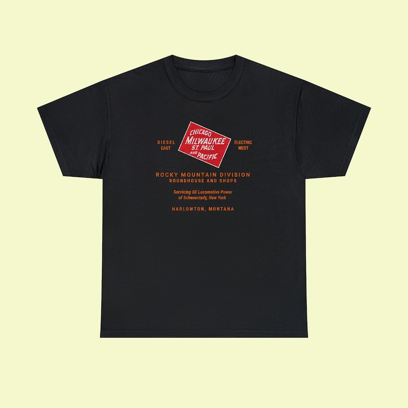 Black Milwaukee Road t-shirt with vintage railroad logo. Perfect train lover gift