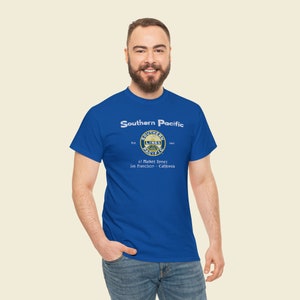 Cool young man wearing Royal Blue Southern Pacific Railway Daylight train t-shirt