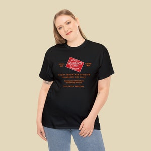 Stylish young woman in her 20's posing in Black Milwaukee Road t-shirt, perfect train enthusiast gift
