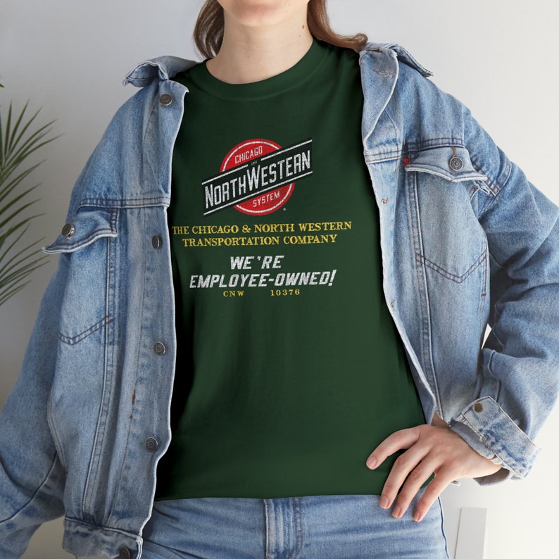 Lifestyle shot, woman wears CNW train shirt with denim jacket - a fashionable railroad apparel