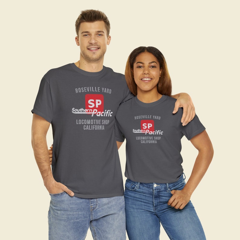 Happy young couple wearing Charcoal Southern Pacific Railway train shirt. Perfect train lover gift