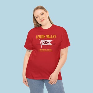 Stylish woman in her 20's posing in Red Lehigh Railroad t-shirt