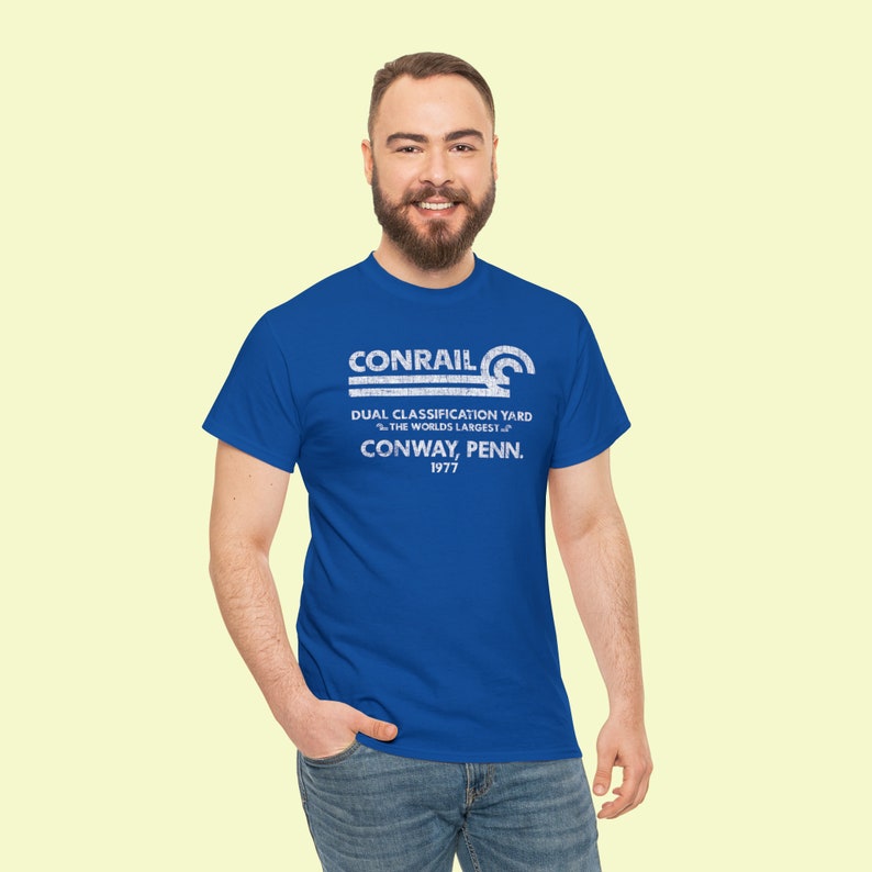 Man in his 20's wearing Conrail Royal Blue CR shirt, a must-have for any train enthusiast