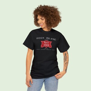 Happy young woman in Black Chicago, Rock Island & Pacific Railroad train t-shirt