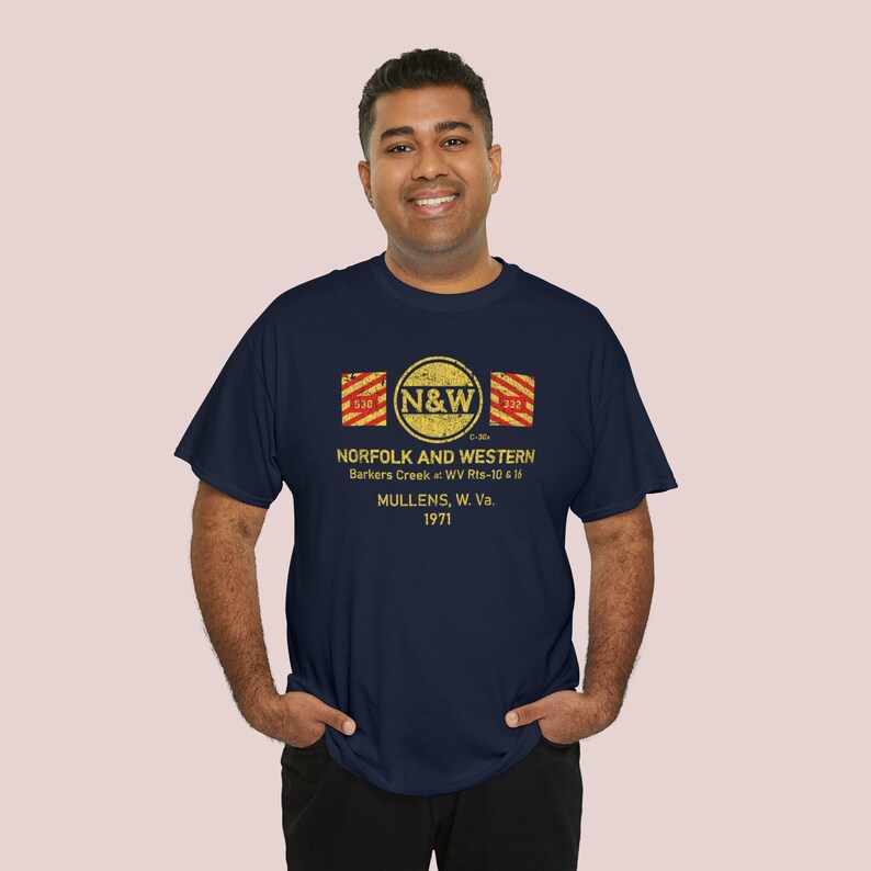 Man in his early 30's happily wearing Navy Norfolk and Western Railway t-shirt