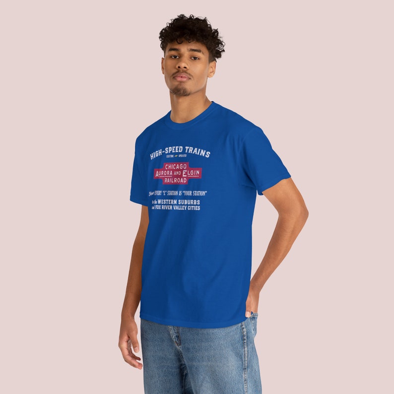Stylish young man in the Chicago Aurora and Elgin Railroad tshirt - a timeless train lover gift