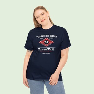 Stylish woman in her 20's wearing Blue Texas and Pacific Railway train t-shirt