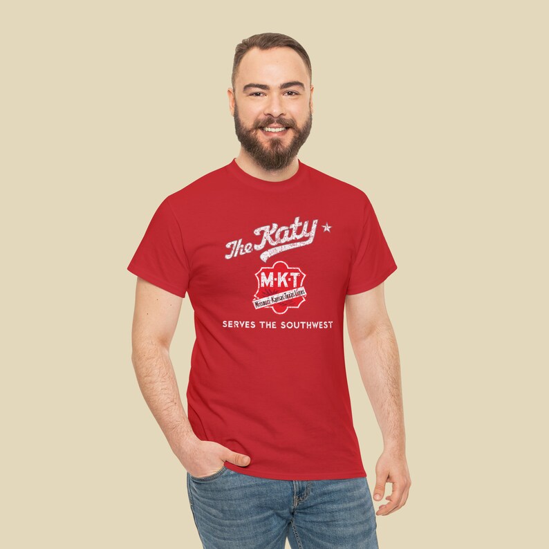 Cool man in his 20's wearing Red/Gray Missouri-Kansas-Texas Railroad train tshirt, looking at you